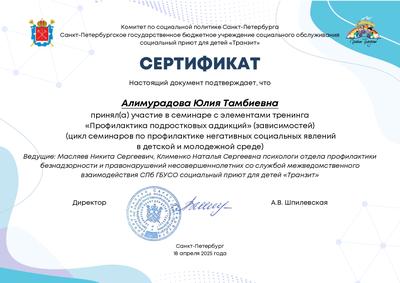 Сертификат приюта «Транзит»: семинар «Профилактика подростковых аддикций», 2025