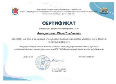 Сертификат приюта «Транзит»: семинар «Психология поведения жертвы», 2025